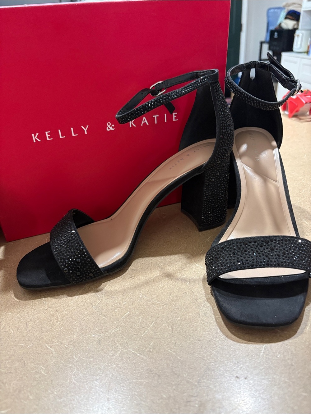 Kelly & Katie Black Rhinestone Block Heel Sandals